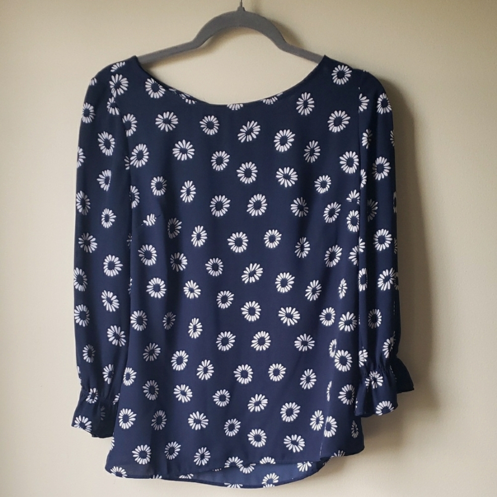 Talbots Navy White Floral LS Business Casual Blouse